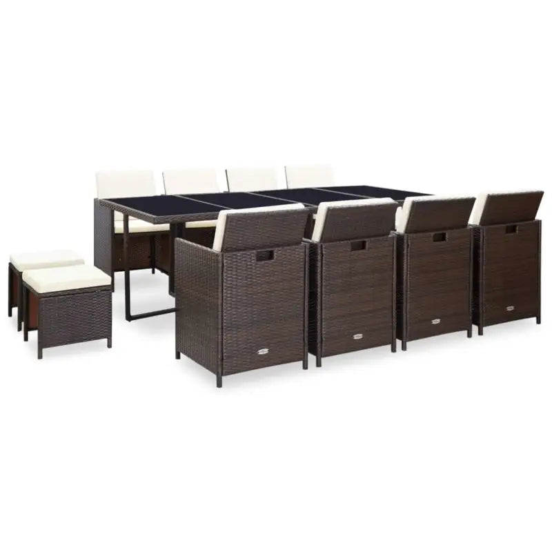 Trendy Rattan Tuinset met Glazen Tafelblad en Inclusief Kussens - Bruin / 8x Fauteuil + 4x voetensteun + Tafel