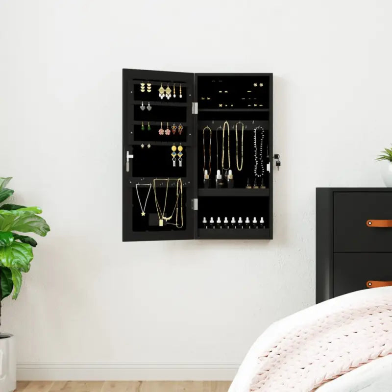 Trendy sieradenkast met LED-verlichting en bewerkt hout - Zwart / 1 - Spiegels
