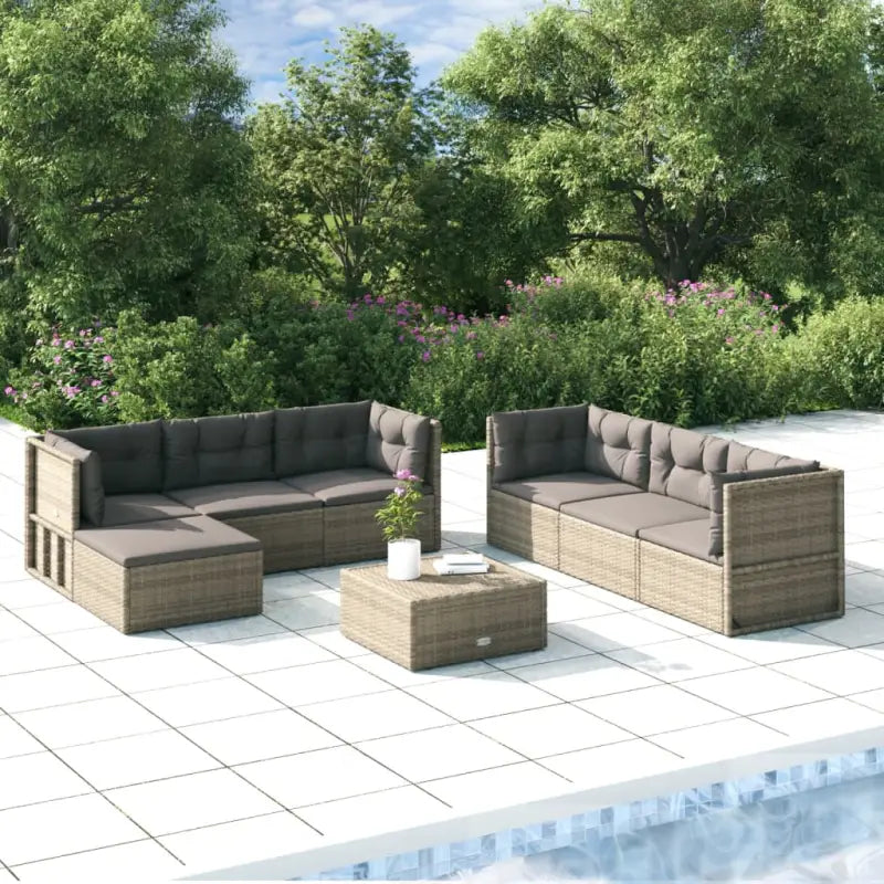 Trendy tuinset met poly rattan en comfortabele afmetingen zitting - 4x hoek + 2x midden + voetensteun - Tuinsets