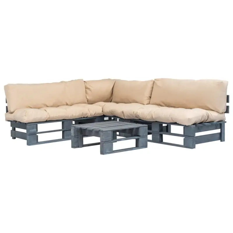 Tuinaanbod met geïmpregneerd grenenhout en afneembare zitkussens - Grijs en zandkleurig - Tuinsets