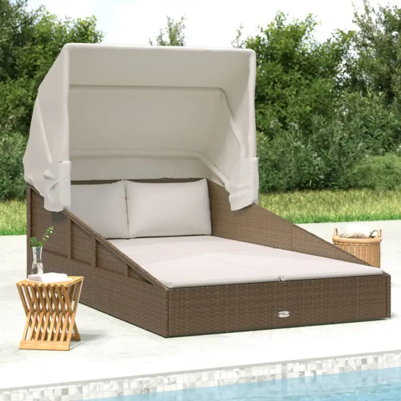 Tuinbedden ligbed met inklapbaar dak en crèmewit materiaal - Bruin - Tuinbedden