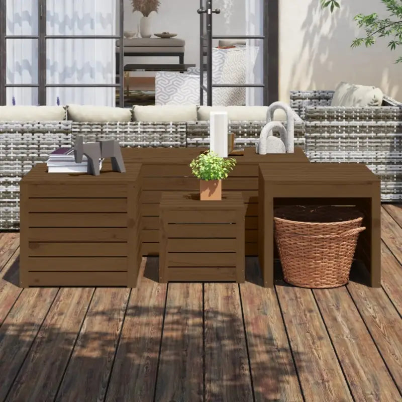 Tuinboxset van massief grenenhout met ruime afmetingen voor buitengebruik - Honingbruin - Opbergboxen voor buiten