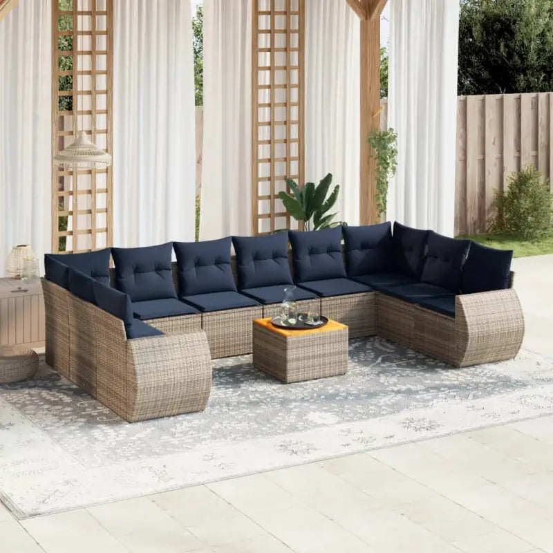Tuinset in grijs materiaal met gepoedercoat staal en afmetingen - grijs en marineblauw / 2x hoek + 6x midden + Tafel