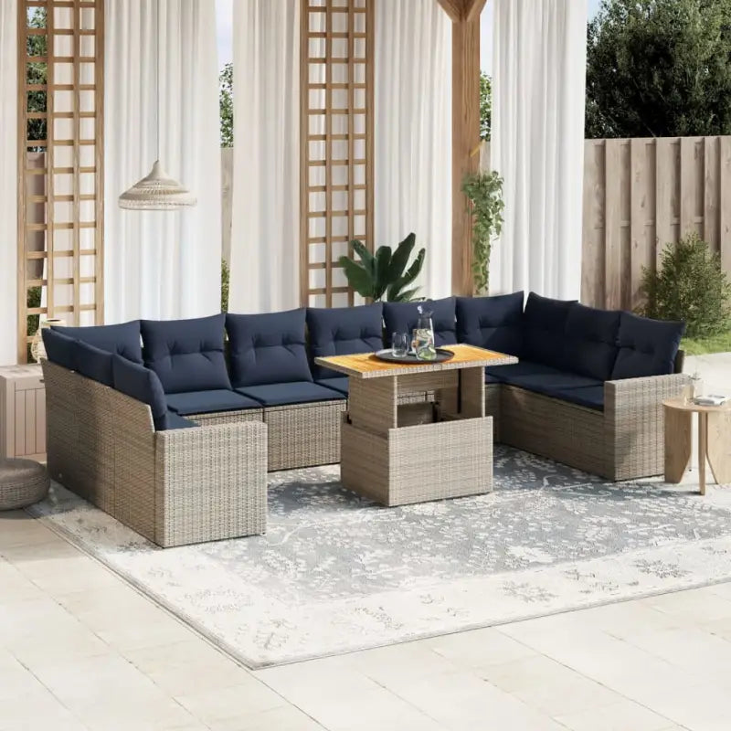 Tuinset met grijs materiaal en gepoedercoat staal voor terrasplezier - grijs en marineblauw / 2x hoek + 6x midden + 2x