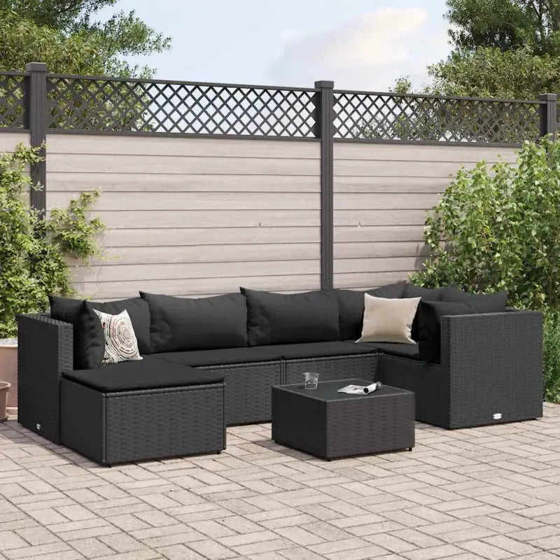 Tuinset van bruin materiaal met gepoedercoat staal en afmetingen - Zwart / 3x corner + 2x middle + table + footrest