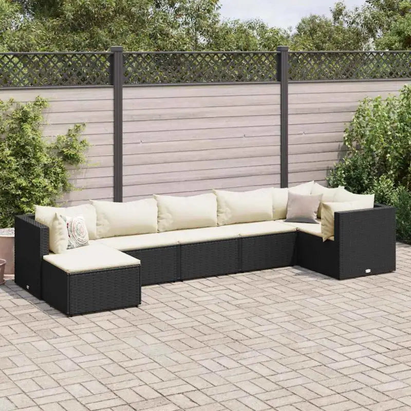 Tuinset van bruin materiaal met gepoedercoat staal en afmetingen - Zwart en crème / 3x hoek + 3x midden + voetensteun