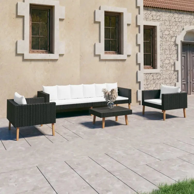 Tuinset van gepoedercoat staal en poly rattan voor gezellige zomerdagen - Zwart / Driezitsbank + 2x Fauteuil + Tafel