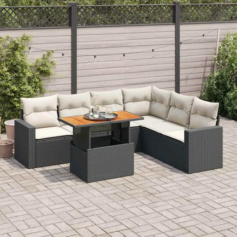 Tuinset van grijs materiaal en gepoedercoat staal voor gezellige buitenruimtes - Zwart en crème / 3x hoek + Tafel + 3x
