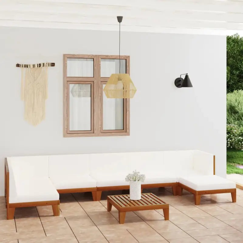 Tuinset van massief acaciahout voor stijl en functionaliteit - Crème / 2x hoek + 4x midden + voetensteun + Tafel