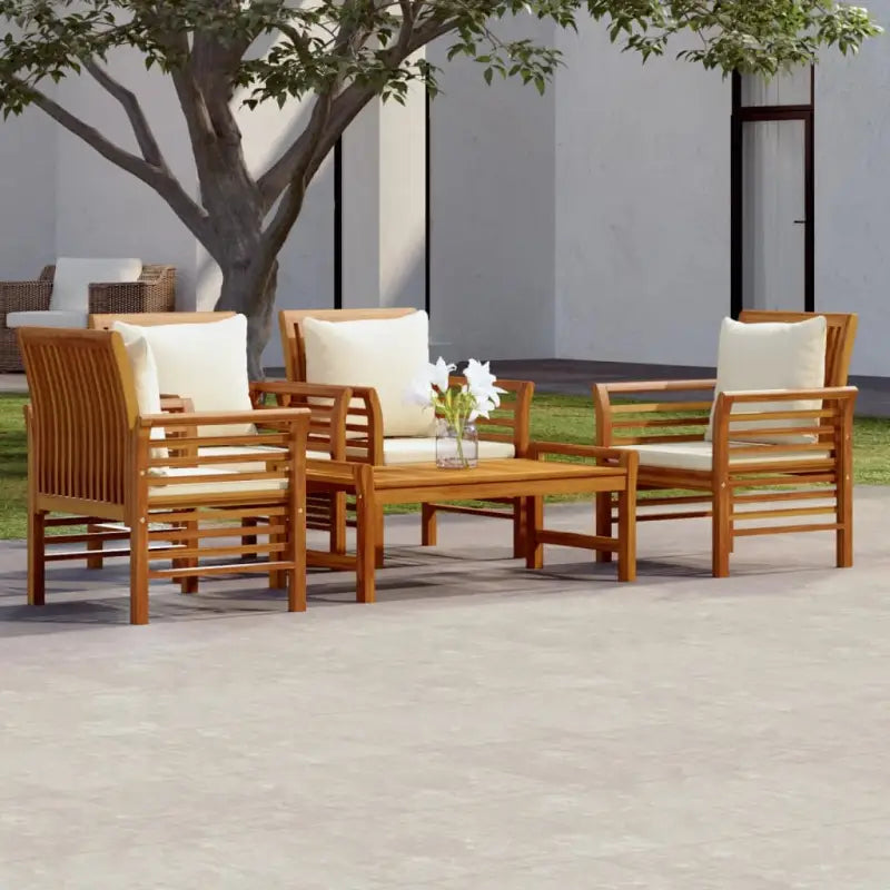 Tuinset van massief acaciahout voor stijl en functionaliteit - Crèmewit / 4x armstoel + tafel - Tuinsets