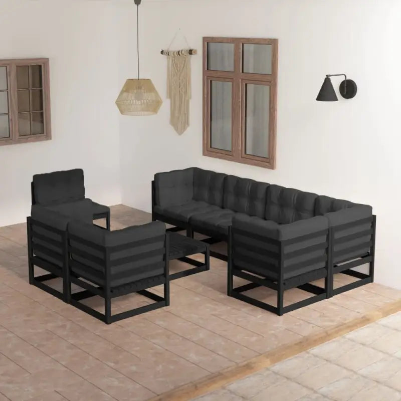Tuinset van massief grenenhout met comfortabele rug en zijkussens - Zwart / Ja - Tuinsets