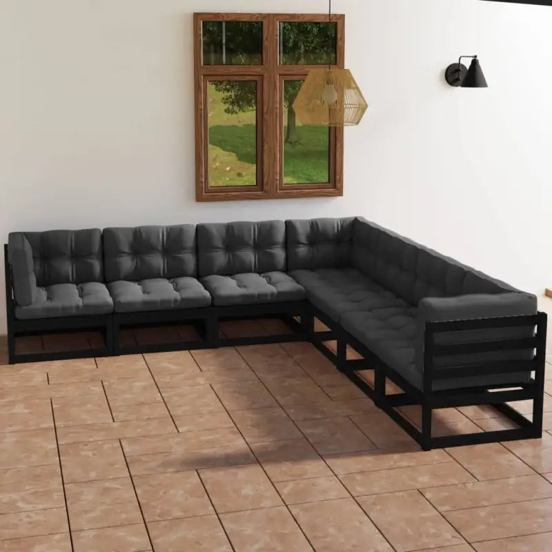 Tuinset van massief grenenhout met rug- en zijkussens voor ontspanning - Zwart - Tuinsets
