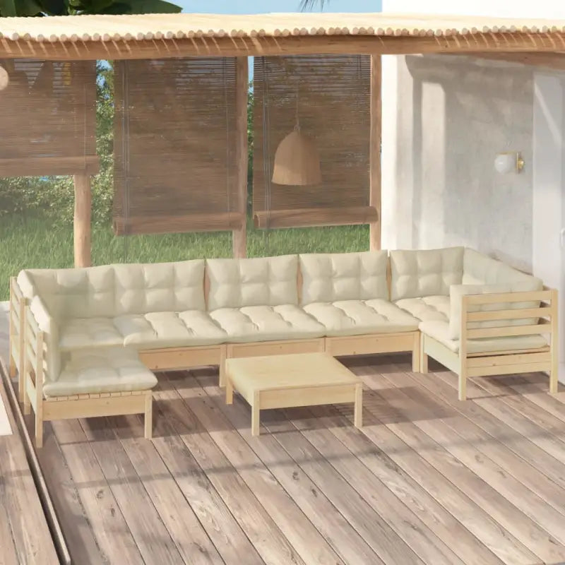 Tuinset van massief grenenhout met voetenbank tafel en rug- zijkussen - Bruin en crème - Tuinsets