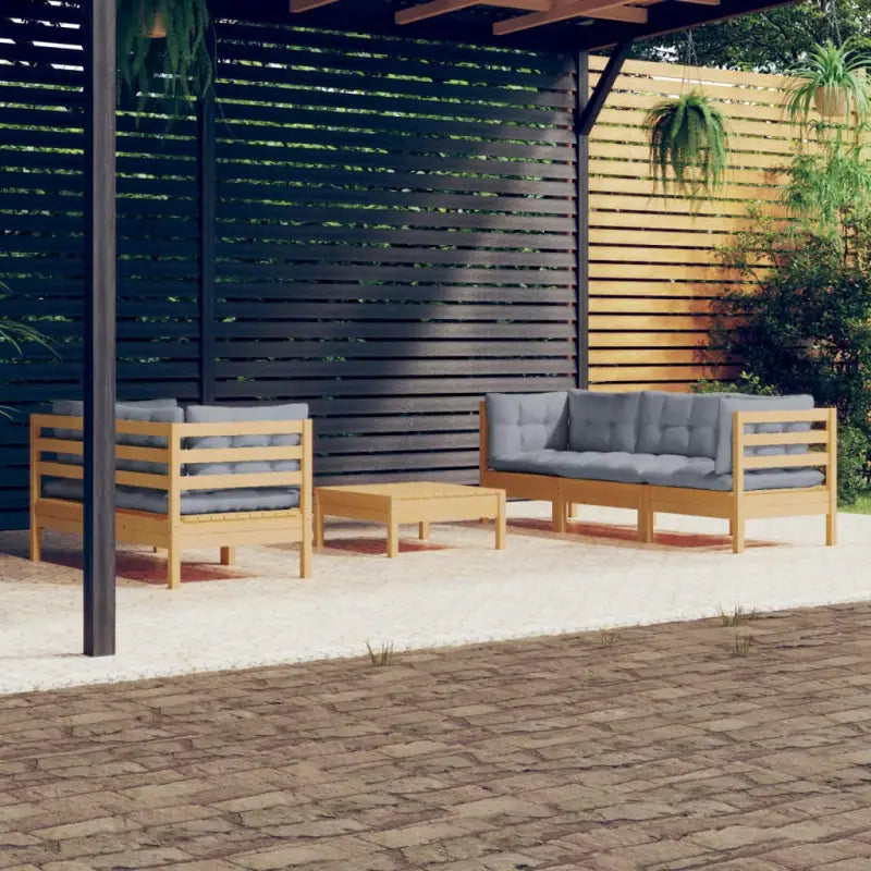 Tuinset van massief grenenhout met voetenbank tafel en rugzijkussens - Bruin en grijs - Tuinsets