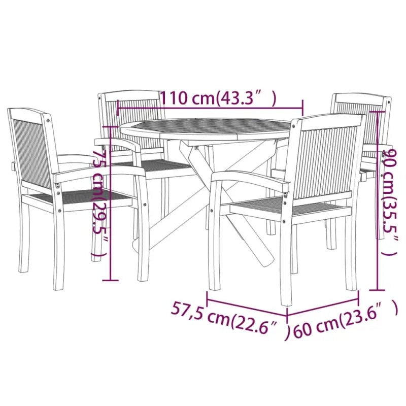Tuinset van massief teakhout met waterbasisafwerking en afmetingen - Ø 110 cm Tafel - Tuinsets