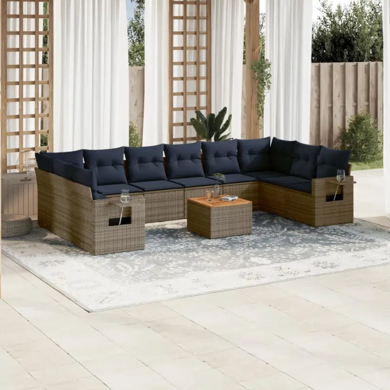 Tuinsets met grijs materiaal en gepoedercoat staal voor comfort - grijs en marineblauw / 2x hoek + 6x midden + Tafel