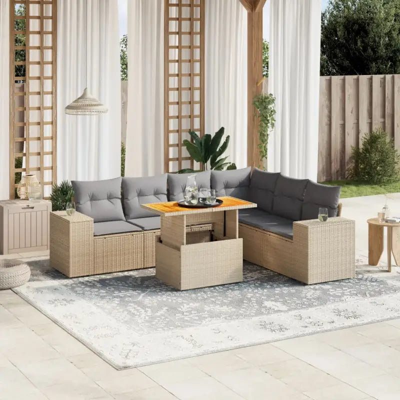 Tuinstoelset in beige materiaal met gepoedercoat staalafmetingen - beige en lichtgrijs / 3x hoek + 3x midden + Tafel