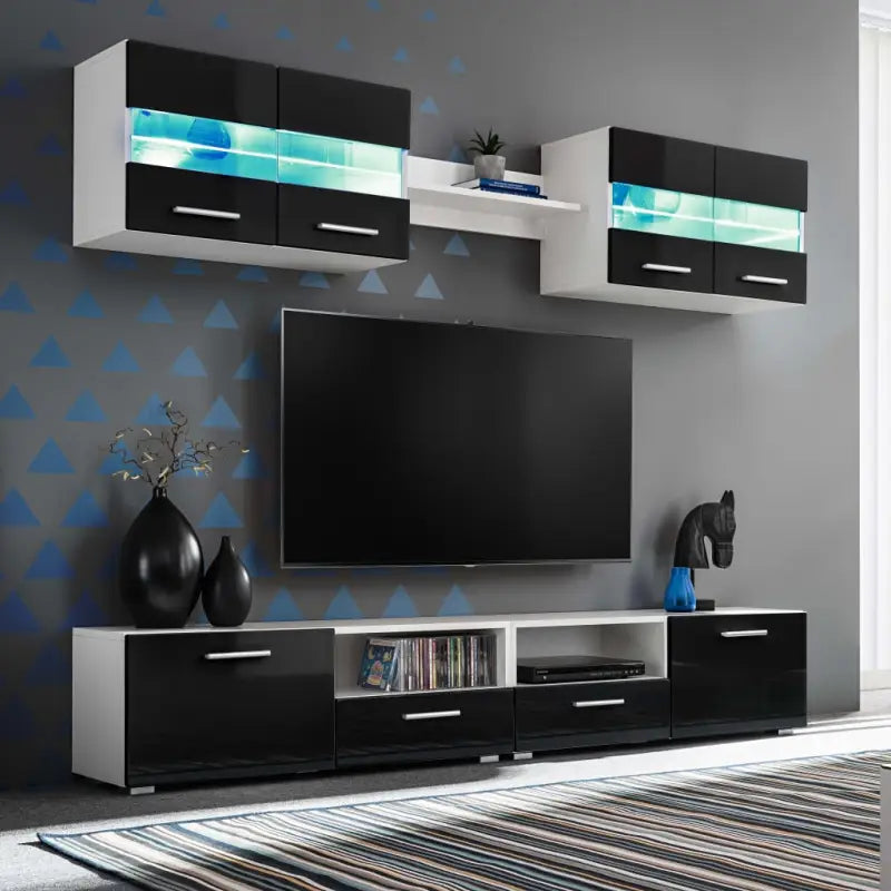 Tv-meubel bestaat uit bewerkt hout in hoogglans wit voor een strakke woonkamer - Zwart / 1 - Tv-meubels