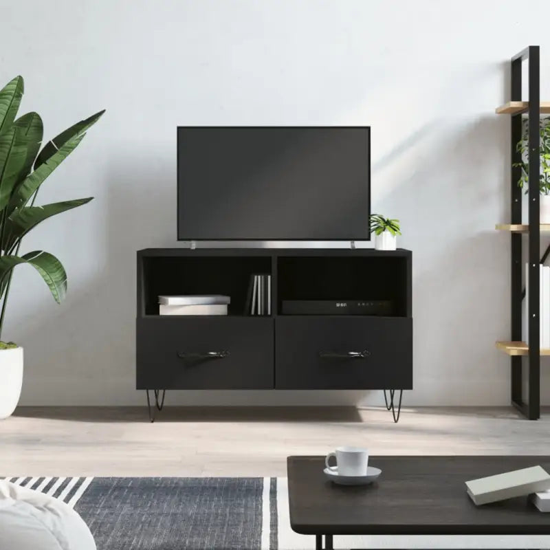 Tv-meubel in grijs Sonoma met bewerkt hout en ijzeren poten - Zwart / 1 - Tv-meubels