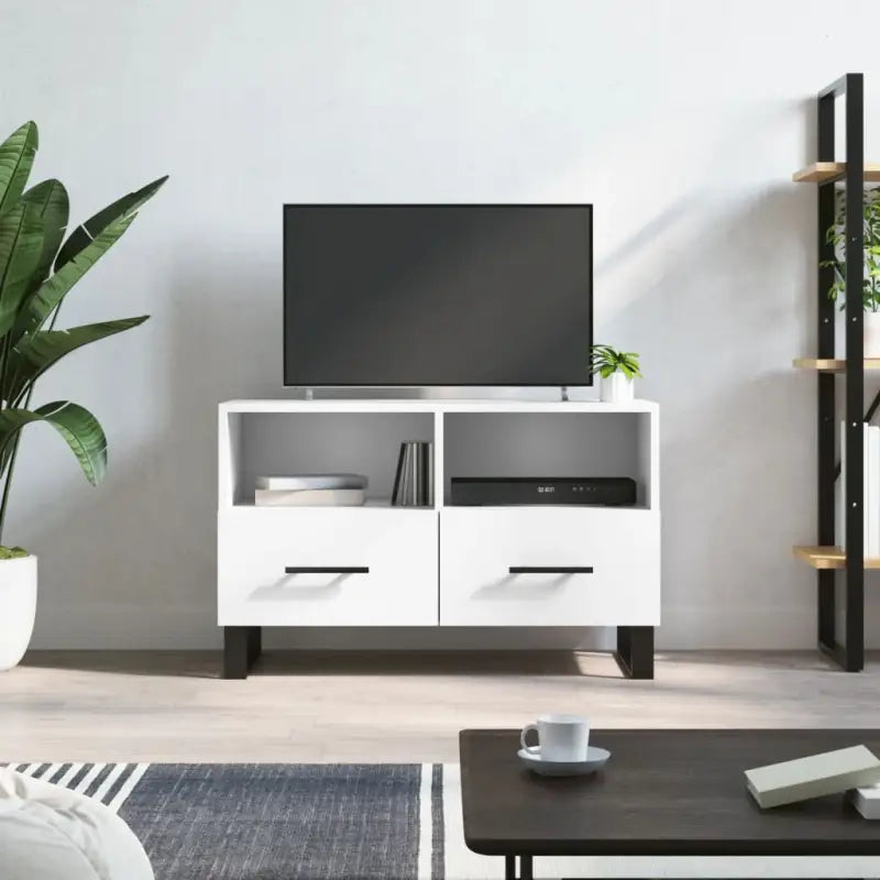 Tv-meubel in hoogglans wit met bewerkt hout en ijzeren poten - Wit / 1 - Tv-meubels