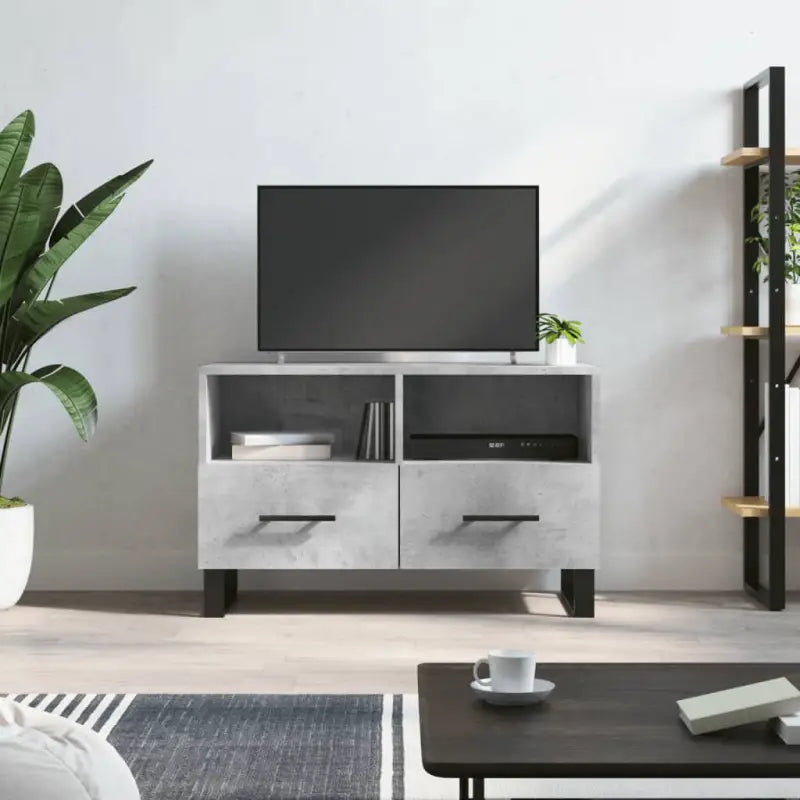Tv-meubel in hoogglans wit met bewerkt hout en ijzeren poten - Betongrijs / 1 - Tv-meubels