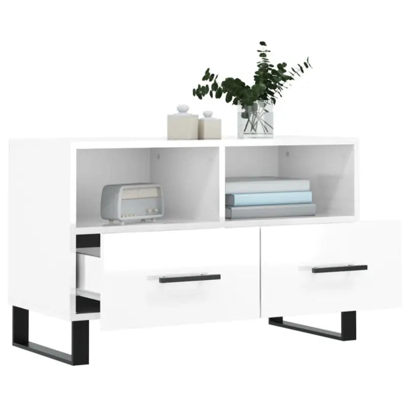 Tv-meubel in hoogglans wit met bewerkt hout en ijzeren poten - Tv-meubels