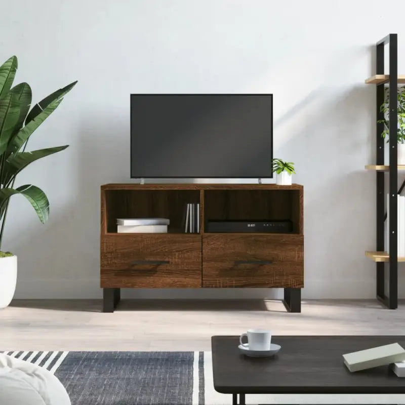 Tv-meubel in hoogglans wit met bewerkt hout en ijzeren poten - bruin eikenkleur / 1 - Tv-meubels