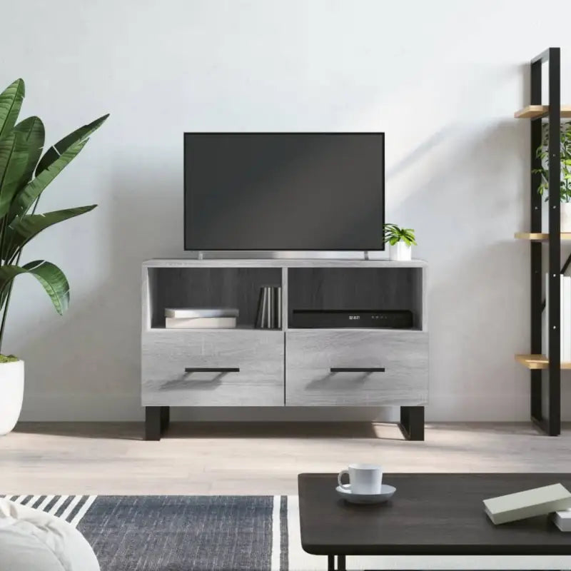 Tv-meubel in hoogglans wit met bewerkt hout en ijzeren poten - Grijs sonoma / 1 - Tv-meubels