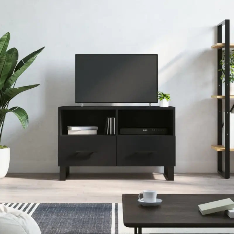 Tv-meubel in hoogglans wit met bewerkt hout en ijzeren poten - Zwart / 1 - Tv-meubels
