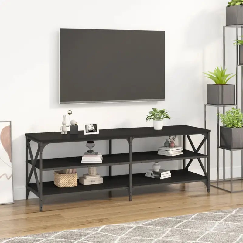 Tv-meubel met bewerkt hout en aanpasbare poten in industrieel vintage design - Zwart / 1 / 140 cm - Tv-meubels