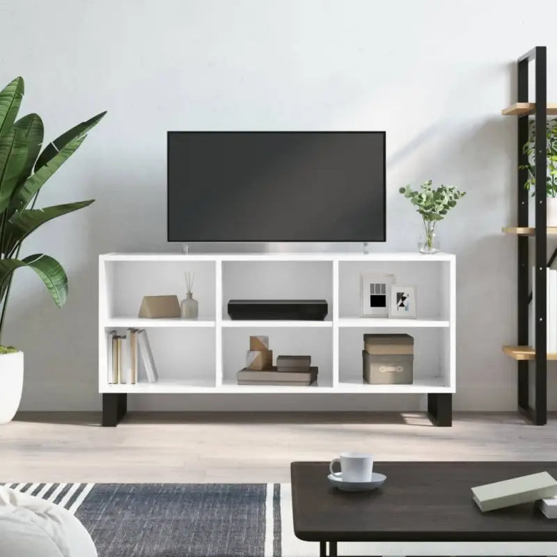 Tv-meubel met bewerkt hout en ijzeren poten met veel opbergruimte - Hoogglans wit / 1 - Tv-meubels