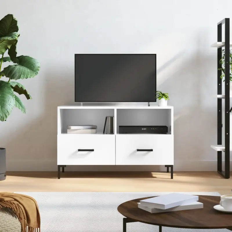Tv-meubel met bewerkt hout en ijzeren poten voor een moderne look - Hoogglans wit / 1 - Tv-meubels