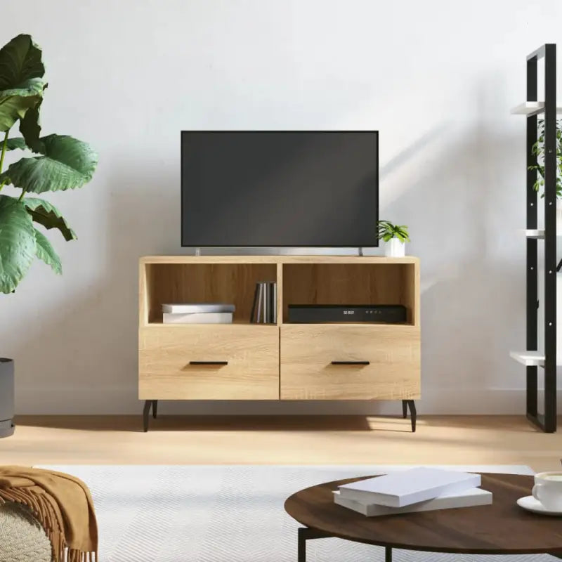Tv-meubel met bewerkt hout en ijzeren poten voor een trendy uitstraling - Sonoma eiken / 1 - Tv-meubels