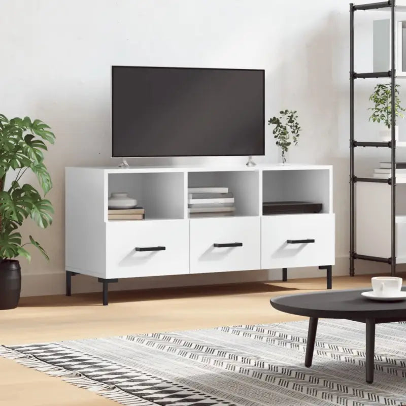 Tv-meubel met bewerkt hout ijzeren poten en hoogglans wit design - Hoogglans wit / 1 - Tv-meubels