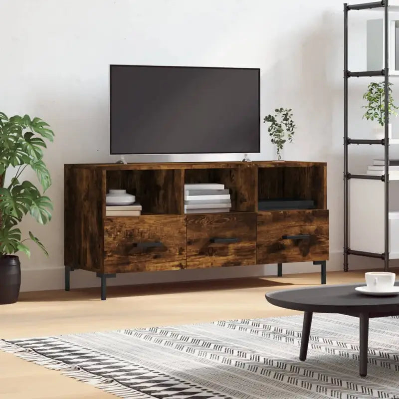 Tv-meubel met bewerkt hout ijzeren poten en hoogglans wit design - Gerookt eiken / 1 - Tv-meubels