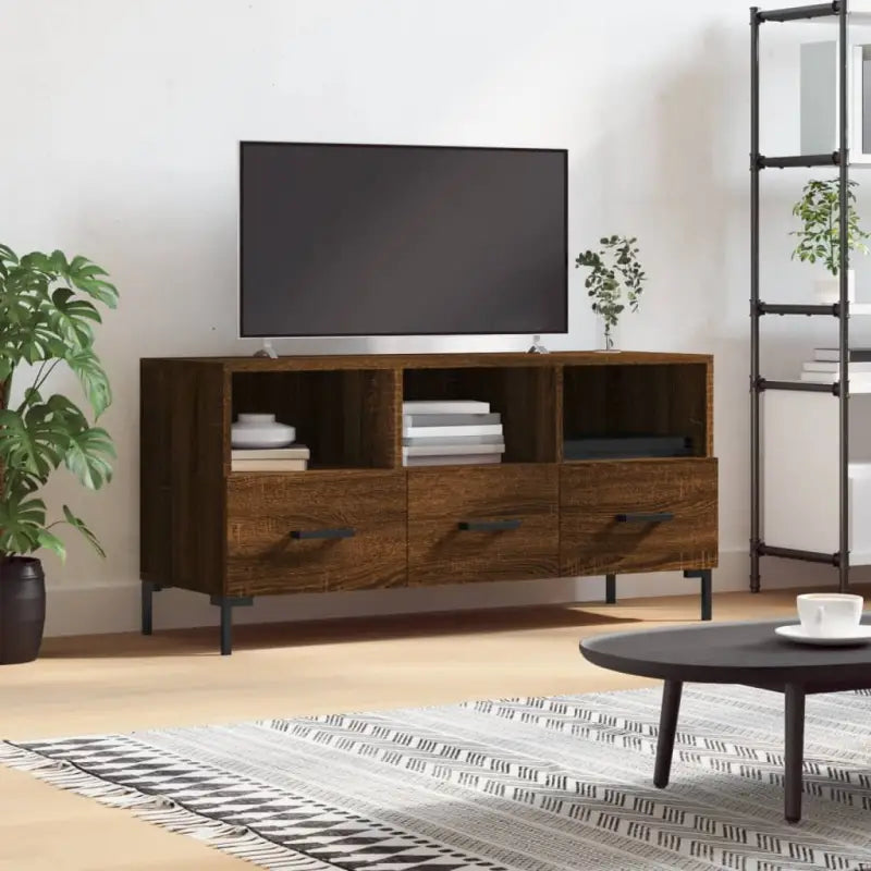 Tv-meubel met bewerkt hout ijzeren poten en hoogglans wit design - bruin eikenkleur / 1 - Tv-meubels