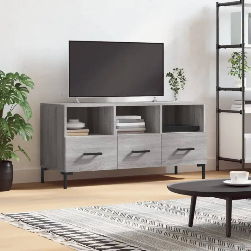 Tv-meubel met bewerkt hout ijzeren poten en hoogglans wit design - Grijs sonoma / 1 - Tv-meubels