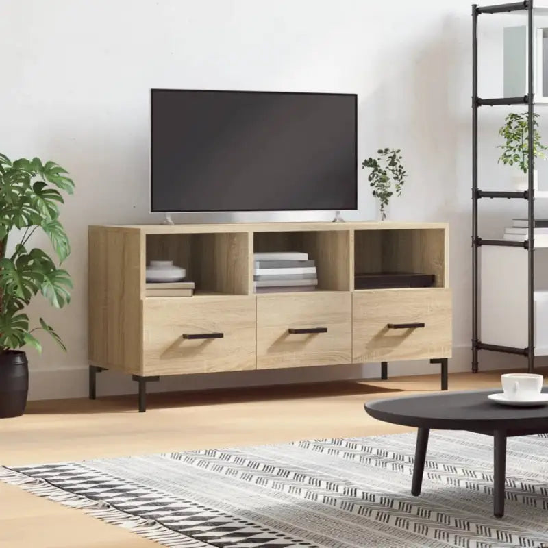 Tv-meubel met bewerkt hout ijzeren poten en hoogglans wit design - Sonoma eiken / 1 - Tv-meubels