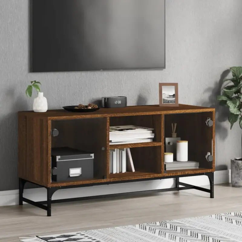 Tv-meubel met glazen deuren en bewerkt hout voor een stijlvolle inrichting - bruin eikenkleur / 1 - Tv-meubels