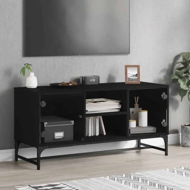 Tv-meubel met glazen deuren en bewerkt hout voor een stijlvolle inrichting - Zwart / 1 - Tv-meubels