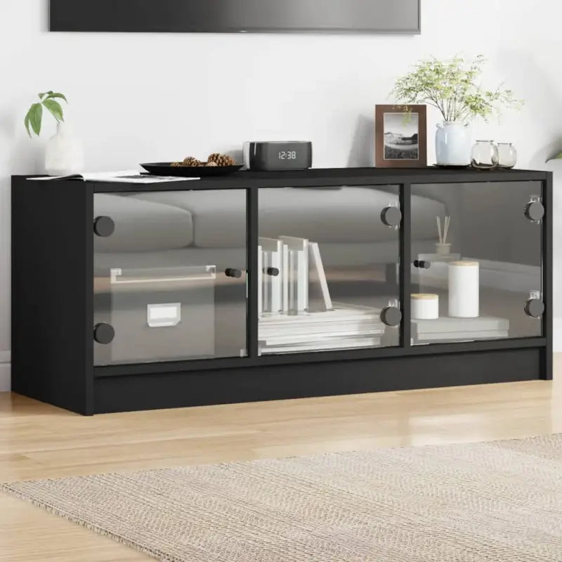 Tv-meubel met glazen deuren en bewerkt hout voor een stijlvolle look - Zwart / 1 - Tv-meubels