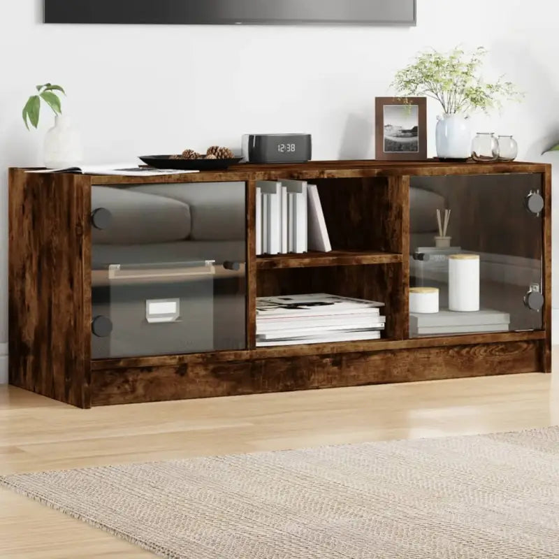 Tv-meubel met glazen deuren en bewerkt hout voor een strakke look - Gerookt eiken / 1 - Tv-meubels