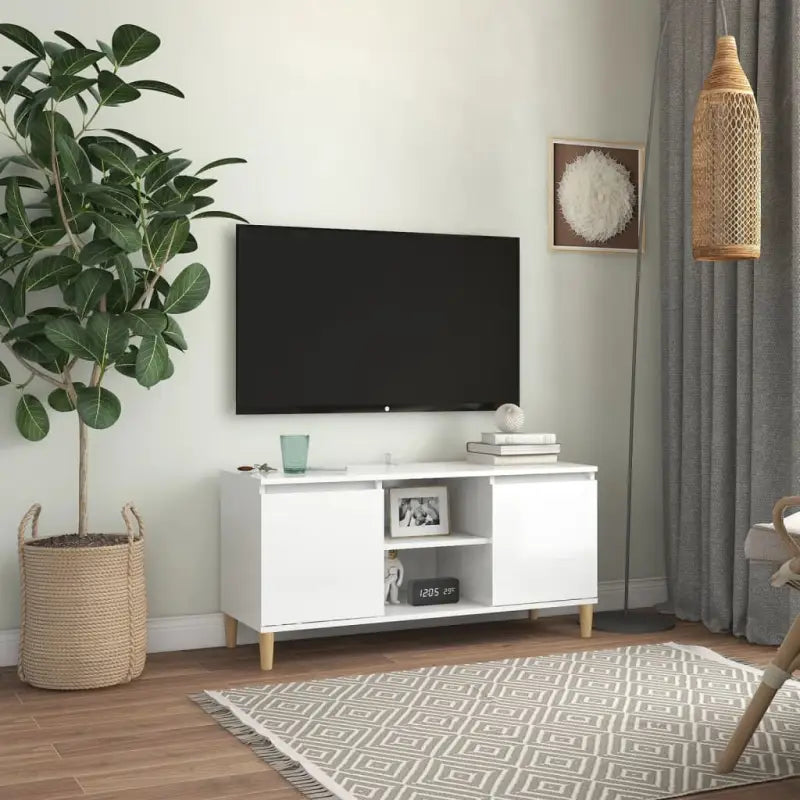 Tv-meubel met houten poten in Scandinavisch design - Hoogglans wit / 1 - Tv-meubels