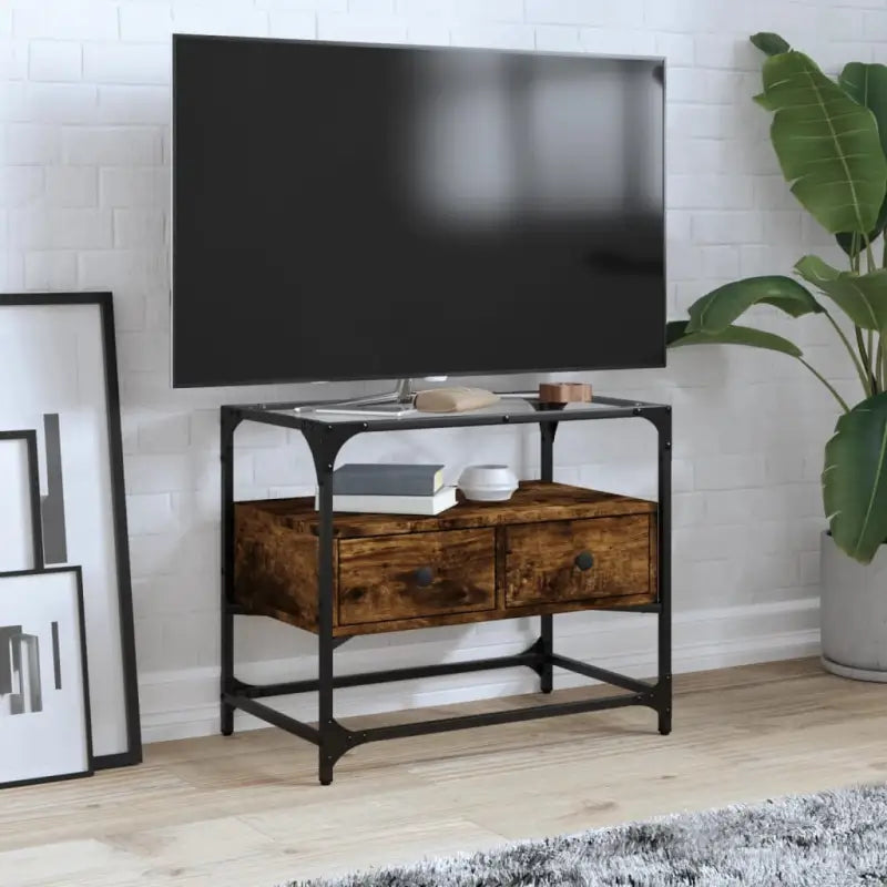 Tv-meubel met metalen frame en glazen blad voor een industrieel interieur - Gerookt eiken / 1 / 60 cm - Tv-meubels