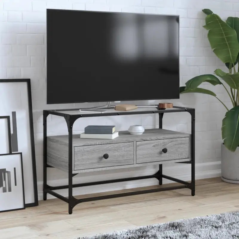 Tv-meubel met metalen frame en glazen blad voor een industrieel interieur - Grijs sonoma / 1 / 80 cm - Tv-meubels