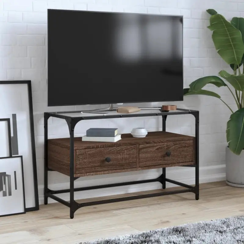 Tv-meubel met metalen frame en glazen blad voor een industrieel interieur - bruin eikenkleur / 1 / 80 cm - Tv-meubels
