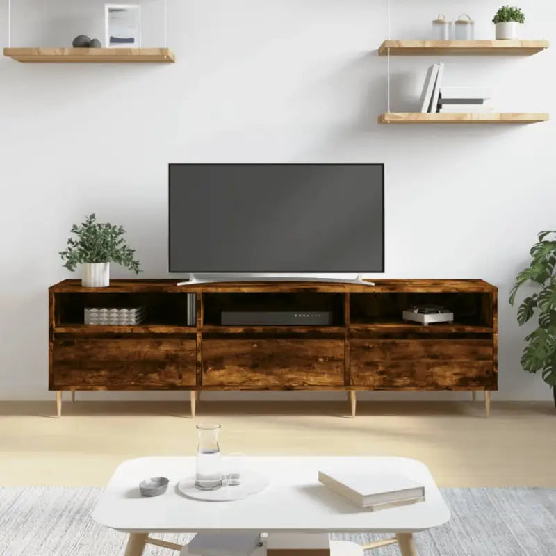 Tv-meubel van bewerkt hout met ijzeren poten en veel opbergruimte - Gerookt eiken / 1 - Tv-meubels