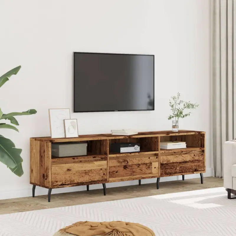 Tv-meubel van bewerkt hout met ijzeren poten en veel opbergruimte - Oud hout / 1 - Tv-meubels
