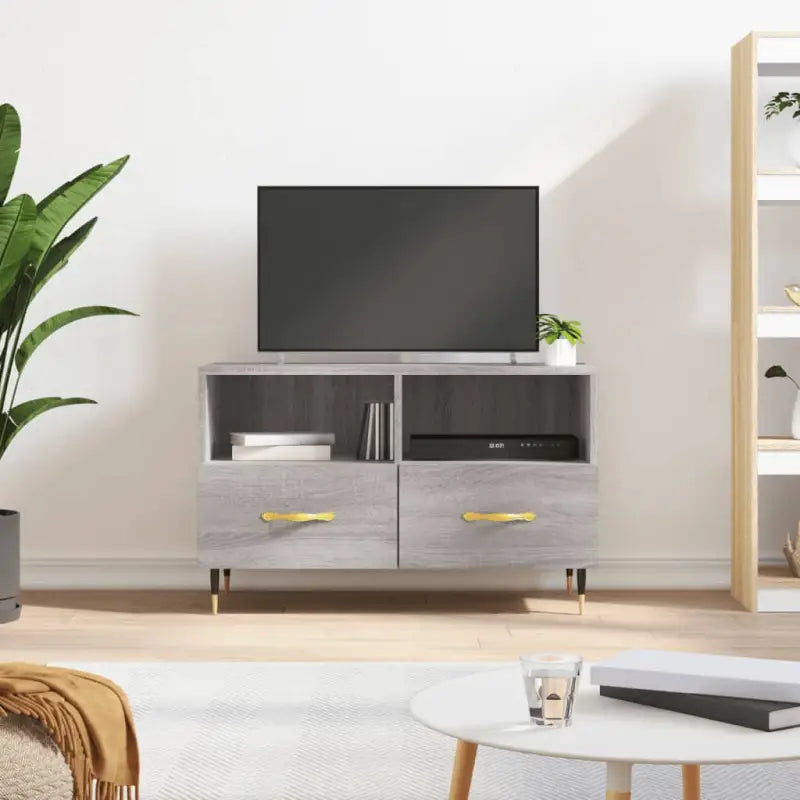Tv-meubel van bewerkt hout met ijzeren poten in Sonoma Eiken design - Grijs sonoma / 1 - Tv-meubels