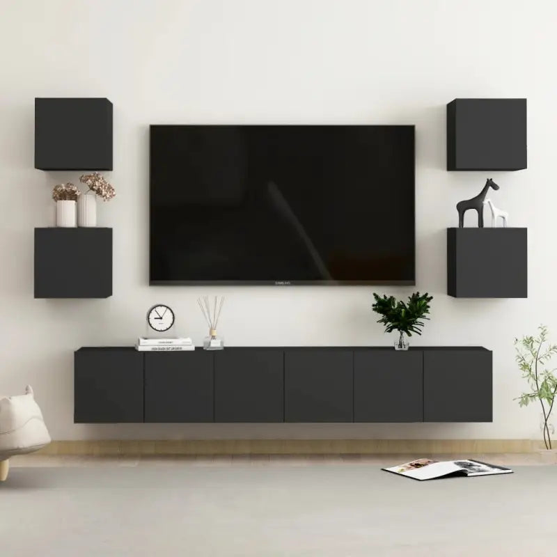 Tv-meubel van bewerkt hout met muurbevestiging en tijdloos design - Zwart / 1 / 180 cm - Tv-meubels
